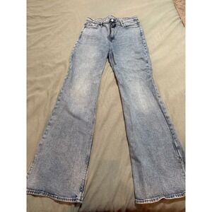 Old Navy Higher High Rise Flare Jeans Light Wash Blue Split Hem Womens Size 10